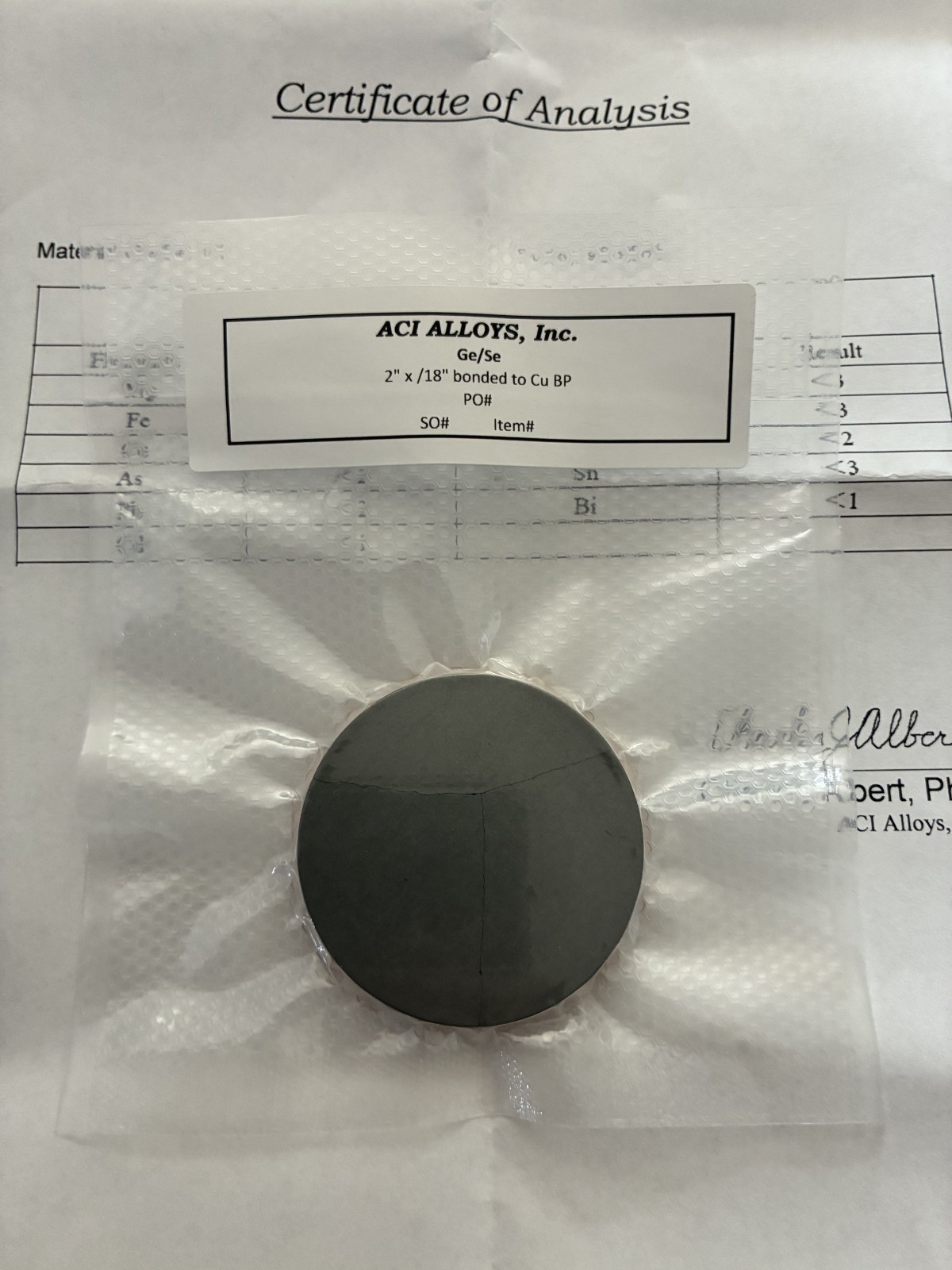 Sputtering Target, Ge1 Se1 At% 2″ x 0.125″ bonded to Cu backing plate