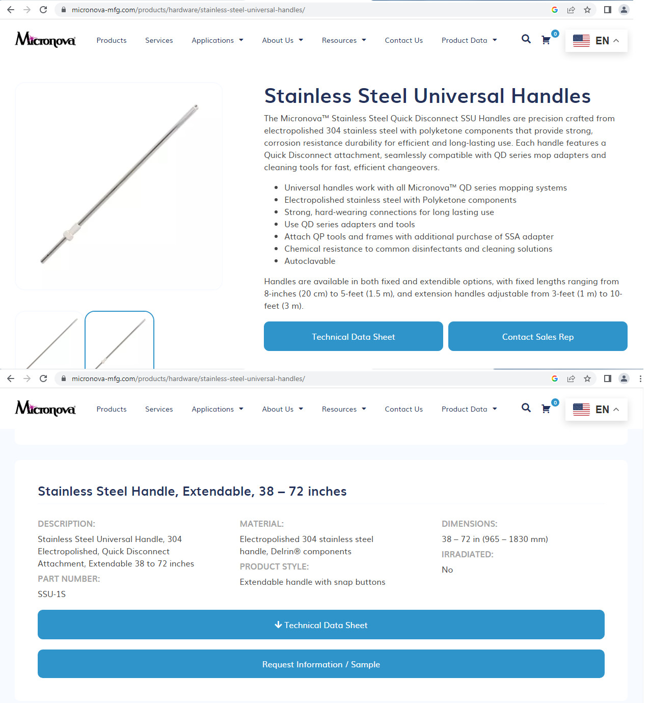 MicroNova SS Universal Extendable Handle #SSU-1S, w/ 18″ T-Mop, Cleanroom
